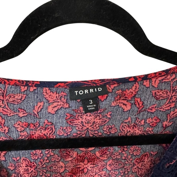 Torrid Lace-Up Blouse Top Red Blue Babydoll Gauze Crochet Trim Plus Size 3x - Picture 5 of 8